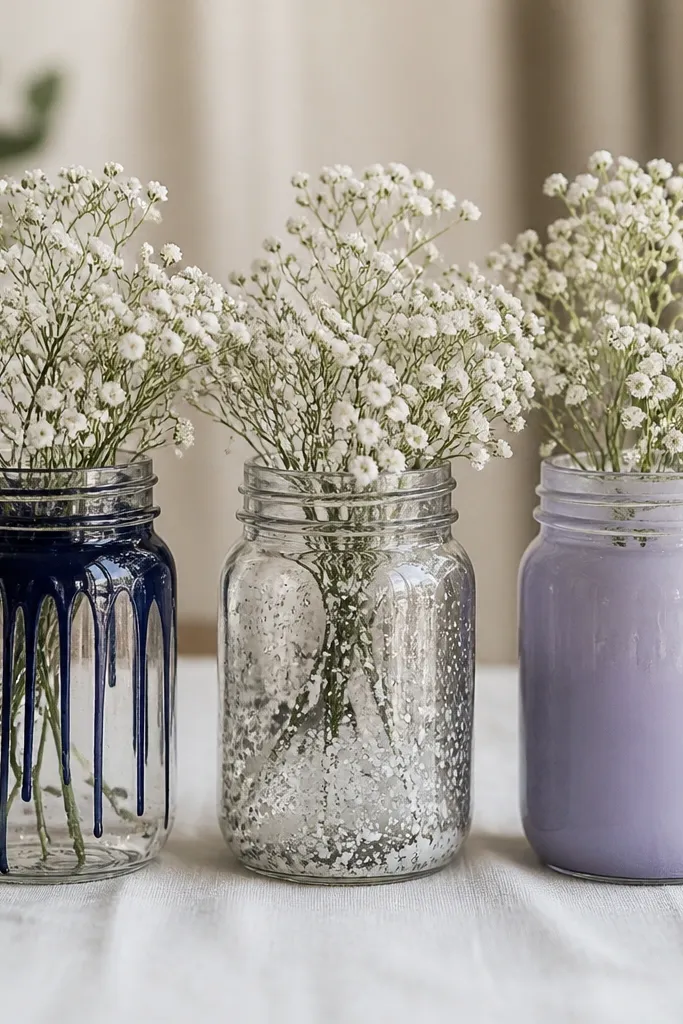 Three clear mason jars on a table, each with a different paint-drip pattern: deep navy drips, silver speckles, and a soft lavender base. A small bouquet of white baby's breath sits inside each jar.