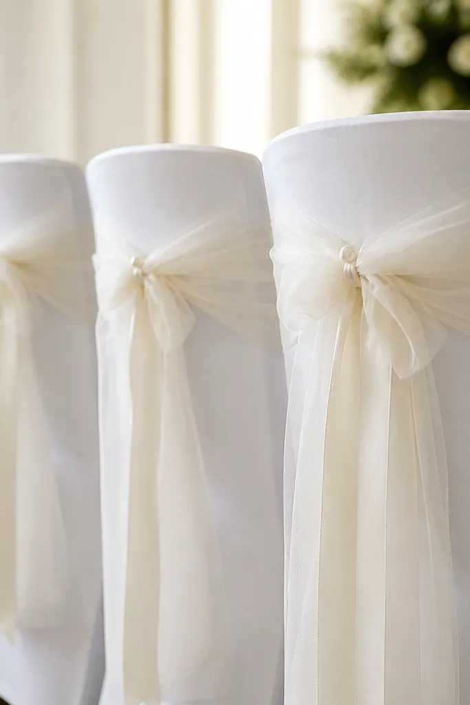 A row of white chair backs with tulle sashes tied in a double knot. Each sash has a satin ribbon tail that hangs down to the seat and a small pearl pin near the top.