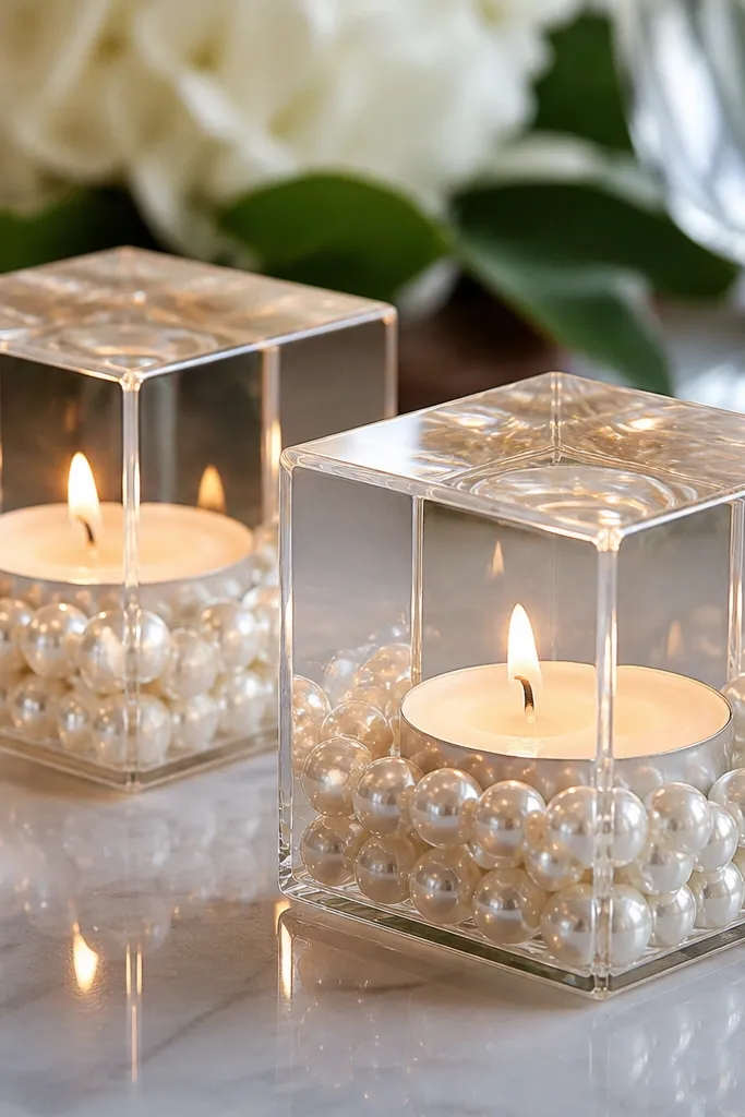 Clear acrylic cubes on a table, each with a tea light candle centered inside and a ring of faux pearls around the base. The blocks reflect warm candlelight.