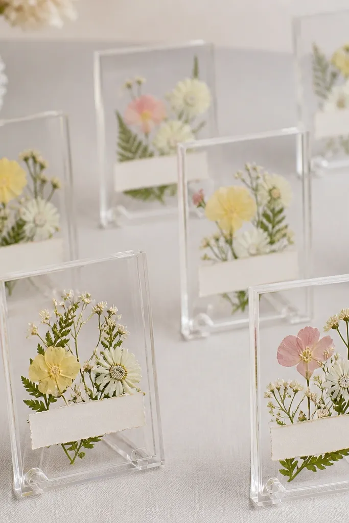 Small acrylic frames on a table, each holding a pressed flower arrangement inside. The flowers are pale yellow, white, and light pink with a tiny handwritten guest name strip.