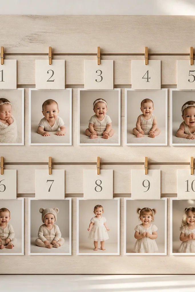 A display board with small clothespins holding numbered photo prints. The board is pale wood, and the photos have soft neutral backgrounds. Each number is printed on a small cardstock card clipped above the photo.