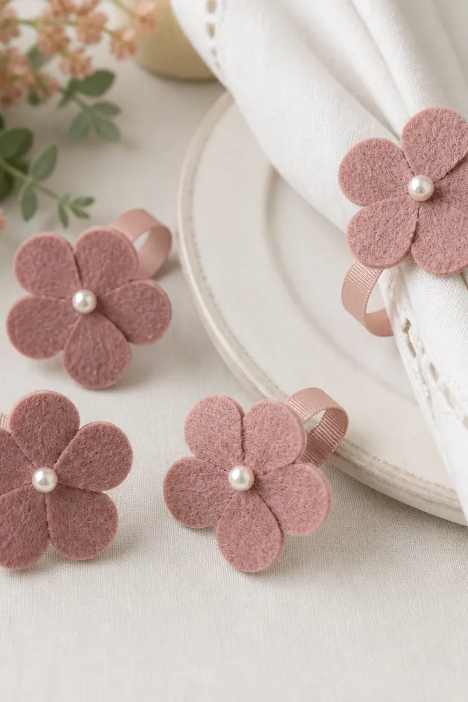 A set of felt napkin rings shaped like small five-petal flowers. Each ring is in dusty rose felt, with a tiny pearl glued in the center and a thin ribbon loop as the connector.