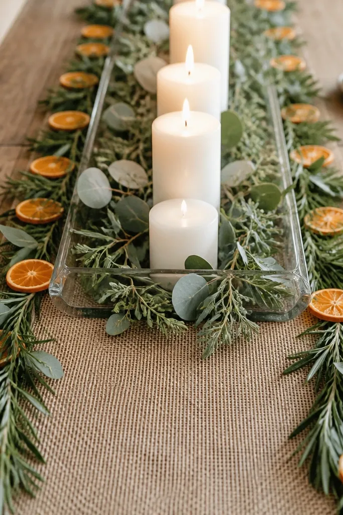 A table runner made from burlap and greenery, with thin orange slices laid flat and rosemary sprigs pinned along the edge. Candles sit in the middle on a clear tray.