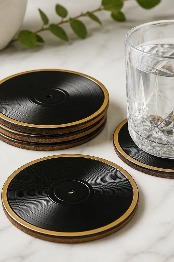 Round coasters made from old vinyl records with a glossy black center and a thin gold paint ring along the outer edge. Each coaster has a smooth cork backing.