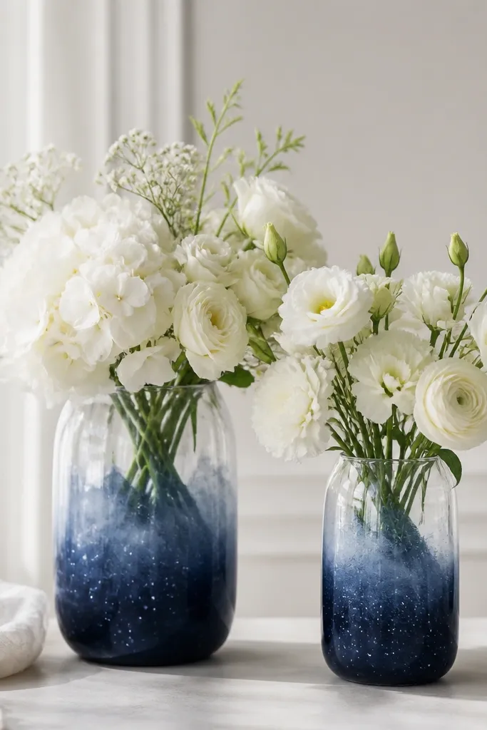 Two glass vases with a navy watercolor fade from bottom to mid-height, plus small white dots like stardust. The vases hold white flowers.