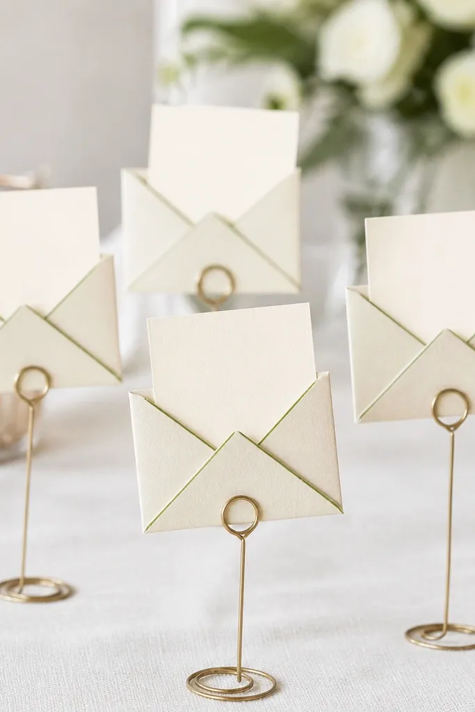 Small origami envelope holders standing on thin wire loops. Each envelope is in off-white paper with a pale green fold line, and a name card sits inside.