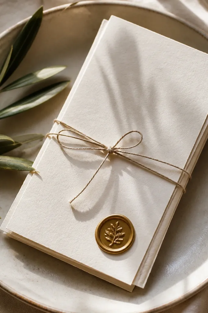 Menu cards in cream cotton paper, each with a small wax seal stamped in gold on the corner. The text is black and the cards are tied with thin twine.