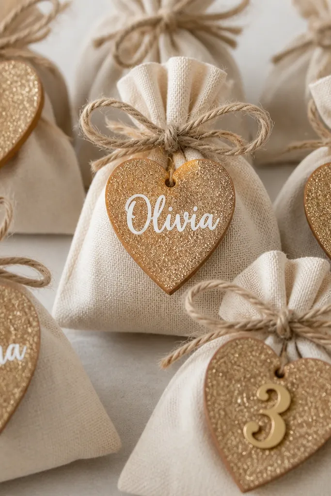 Small wooden heart tags with glitter on the surface, each attached to a favor bag with twine. Some hearts have white painted names and others have gold number stickers.