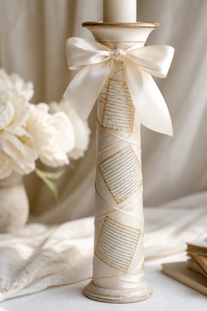 A tall candle holder wrapped in cream satin ribbon with small book-page decoupage panels. The panels have soft gold ink edges and a bow at the top.