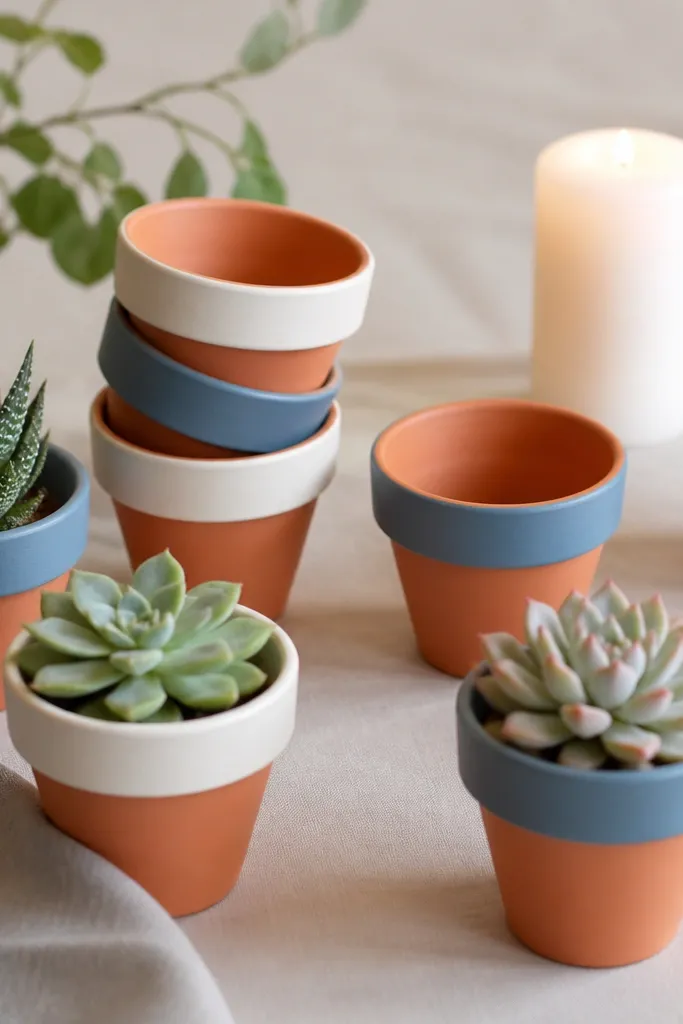 Small terra cotta pots painted at the rim in white and dusty blue, arranged on a table with candles and small succulents. The pots have a clean ring of color around the top.