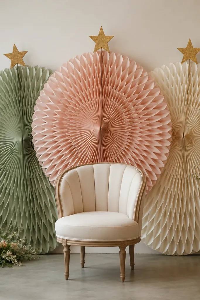 A backdrop made from three large honeycomb paper panels in sage green, blush, and cream. The panels hang in a fan layout behind a photo booth chair, with small gold star cutouts taped at the top.