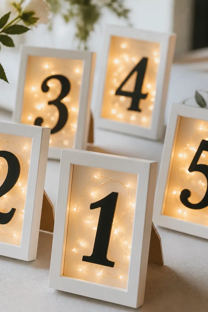 Several small picture frames leaning on stands, each with a table number cut from black vinyl and placed over a string of warm fairy lights. The frames are matte white and the lights glow softly.