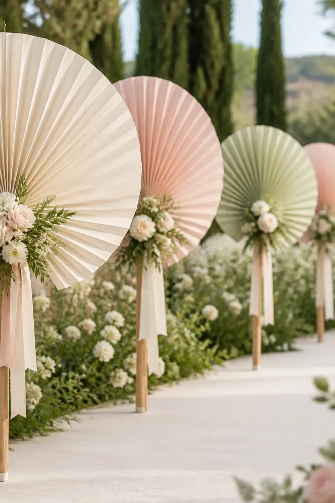 A set of large paper fans in cream, blush, and soft green held on sticks. They are lined up on either side of a ceremony aisle, with flowers and ribbons tied to the handles.