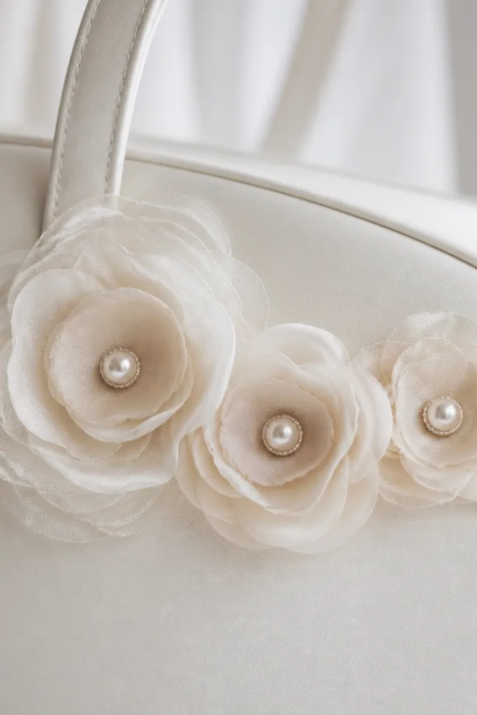 A cluster of fabric flowers pinned to a satin ribbon strip. The flowers are made from layered organza and chiffon with a small pearl button center. The pin sits on a white bridal bag strap.