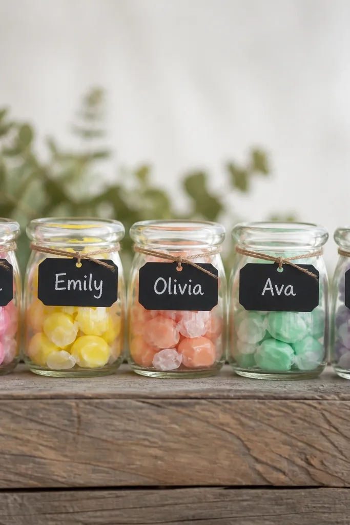 A row of small glass jars filled with wrapped candies. Each jar has a chalkboard label strip tied on with twine. The labels are matte black with white handwritten names.