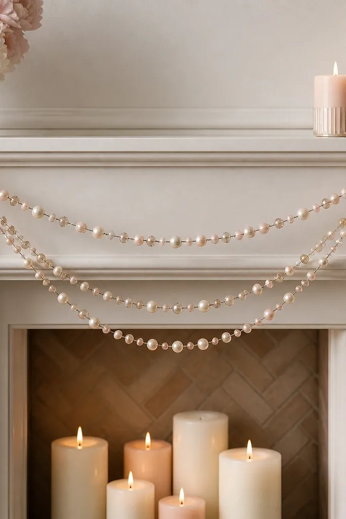 A mantel garland draped above candles, made from thin wire and needle-threaded beads in pearl, blush pink, and champagne gold. The beads hang in gentle loops with a tassel at each end.
