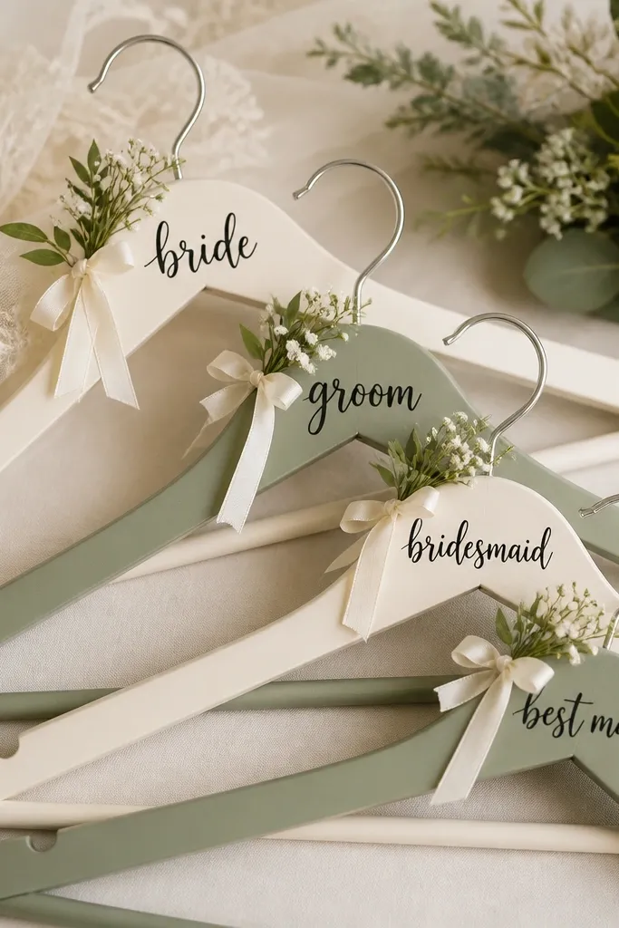 A set of wooden hangers painted in soft cream and dusty green, each with a wedding phrase written in black paint. A small bouquet ribbon is attached near the top hook.