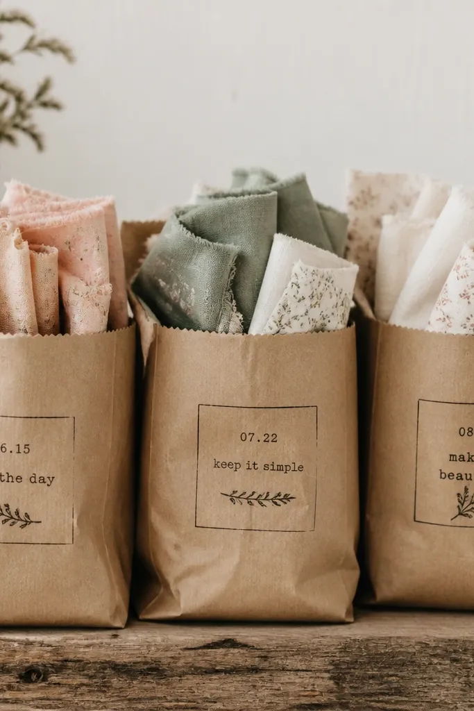 Small kraft paper bags filled with folded fabric scraps in blush, sage, and cream. Each bag has a stamped label in black ink with a simple date and phrase.