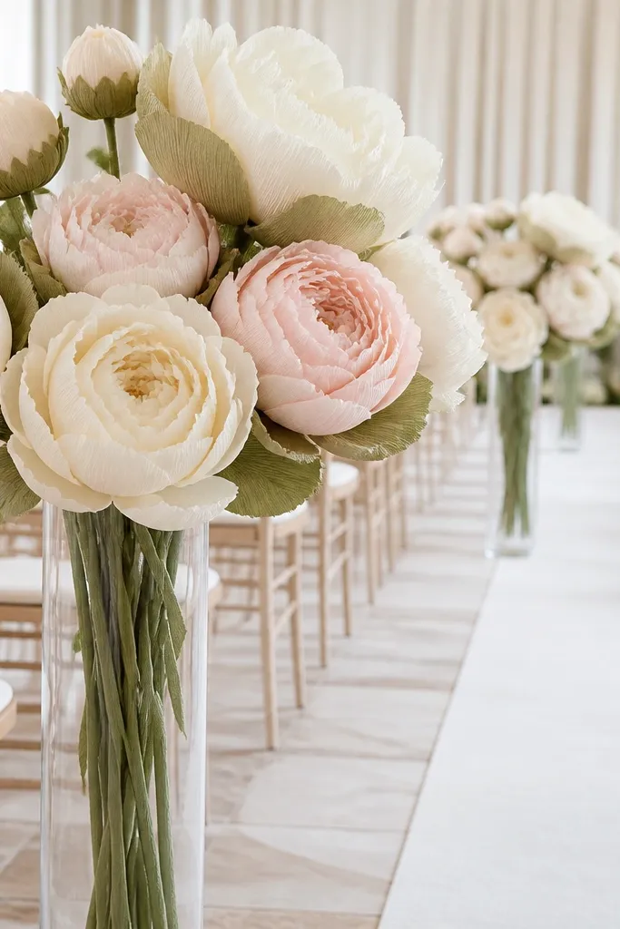 Tall glass vases at the aisle filled with large crepe paper peonies in ivory and soft blush, plus small crepe paper buds. The petals have layered ruffles and a pale green base.