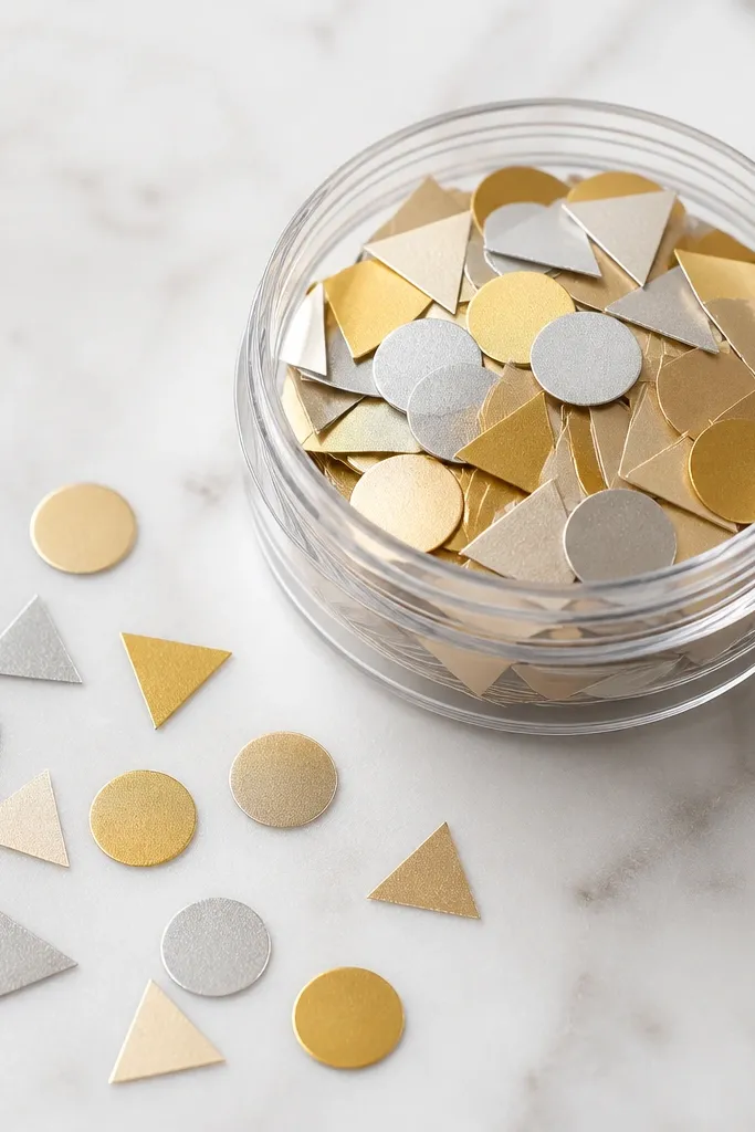 A small container of metallic cardstock confetti cut into triangles and circles in gold, champagne, and soft silver. The confetti pieces look crisp and uniform.