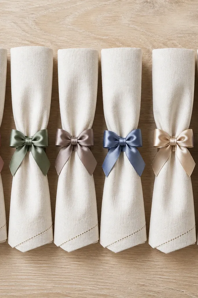 A flat lay of six napkin rings made from satin ribbon loops, each ring tied with a small bow and centered on a cream linen napkin; the rings are evenly spaced and photographed on a light wood table.