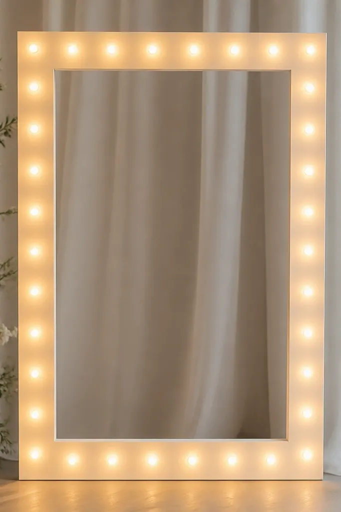 A rectangular photo booth frame made from white foam board, with a border of small warm LED fairy lights arranged like marquee bulbs; a sign area in the middle is left blank for a printed photo strip.