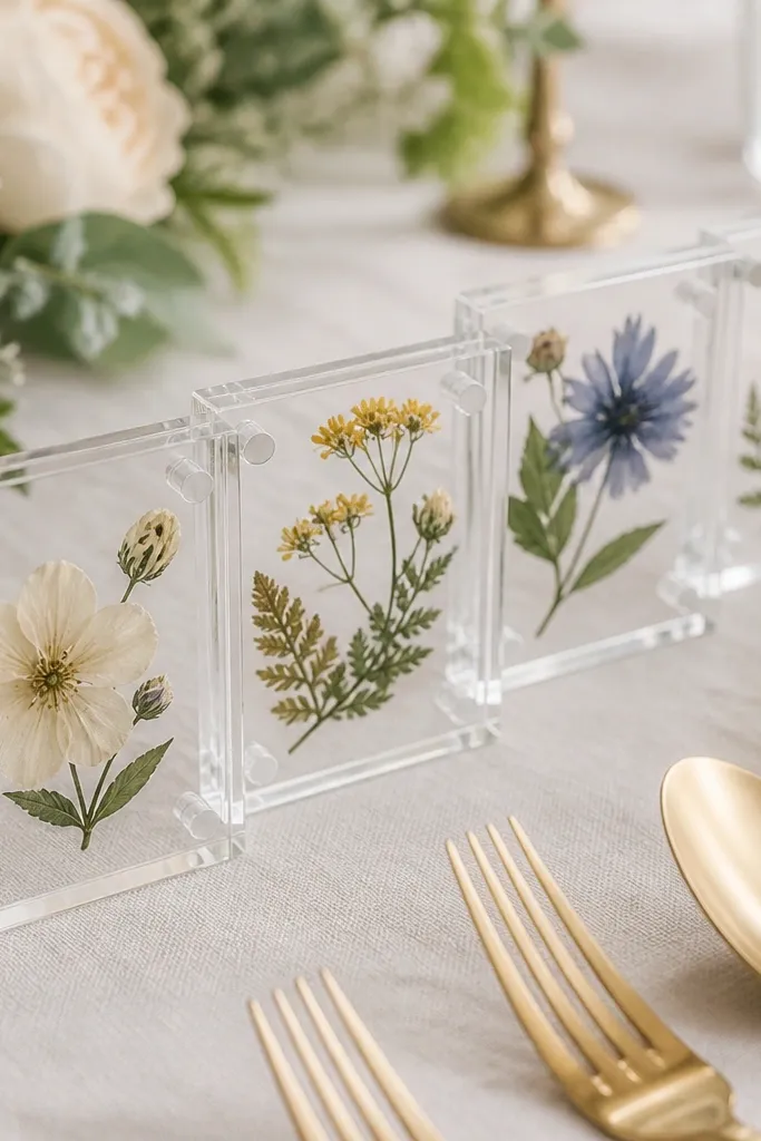 Close-up of place cards with pressed flowers sealed between clear acrylic sheets, the cards placed in a row on a table setting with gold cutlery.