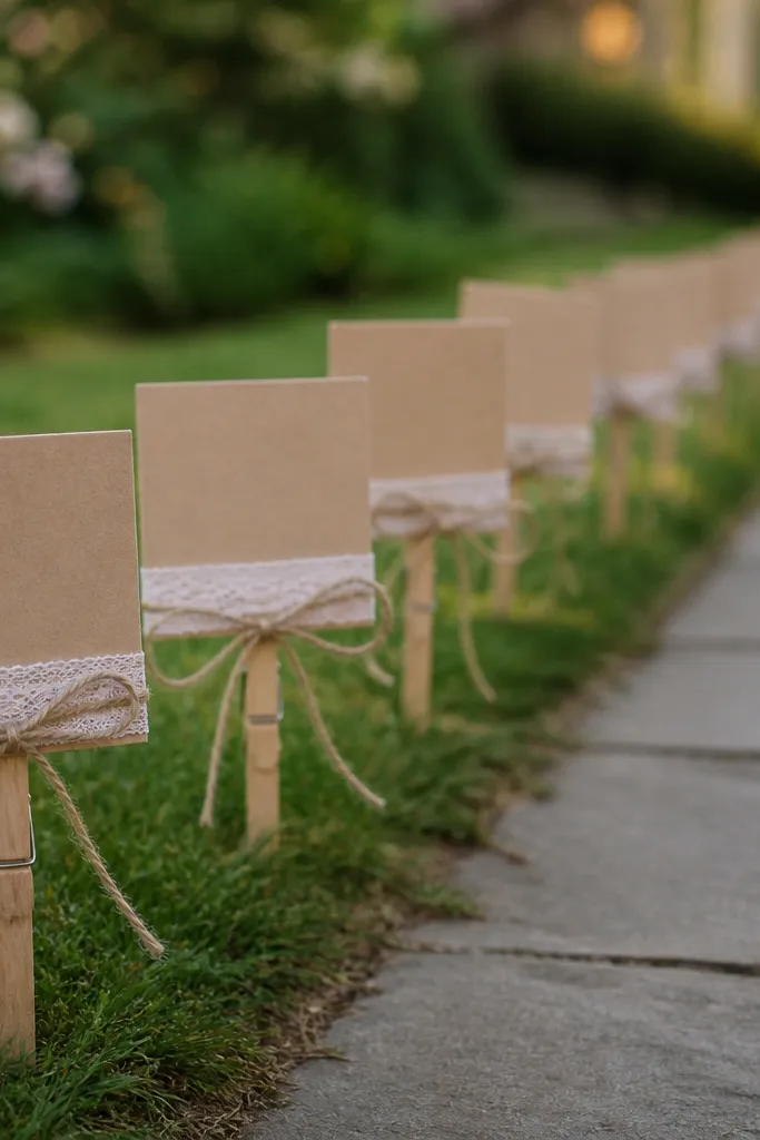 A series of small signs attached to wooden clothespins, each with a strip of lace and twine bow, lined along a walkway on grass.