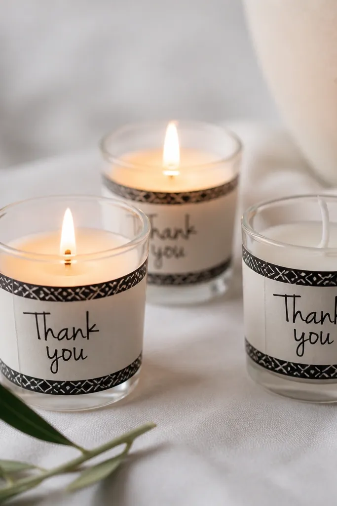 Small glass votive candles with black geometric label bands, chalk marker text reading 'Thank you' on cream paper bands around each candle.