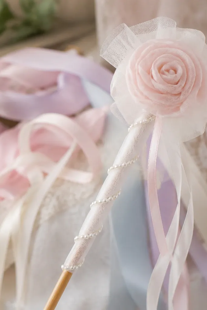 A flower girl wand made from a wooden stick wrapped with white tulle and pearl garland, with a soft rosette at the top; the background shows a pastel ribbon table.
