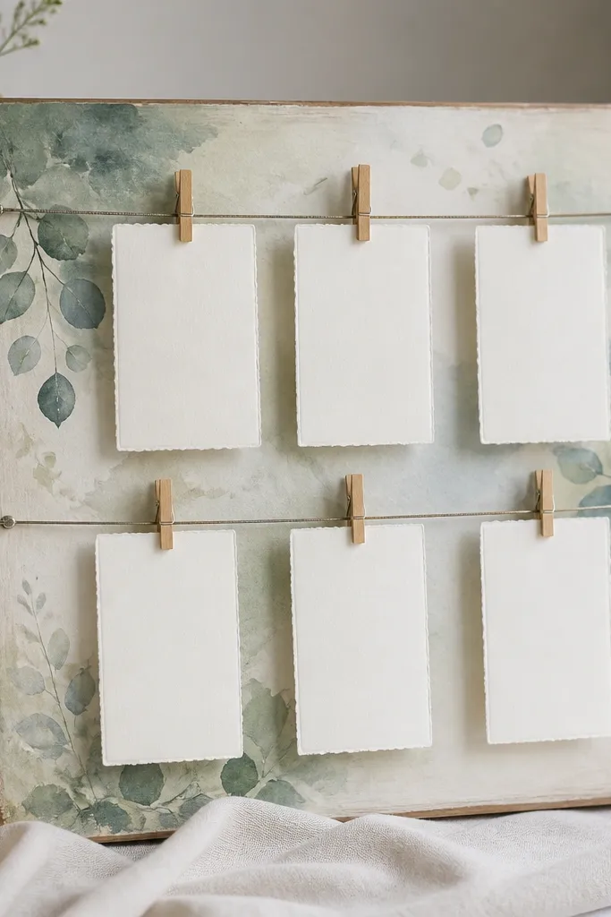 A small wooden board with a watercolor-style seating chart background, clear label cards clipped to a wire line; the board is photographed on a table with linen.