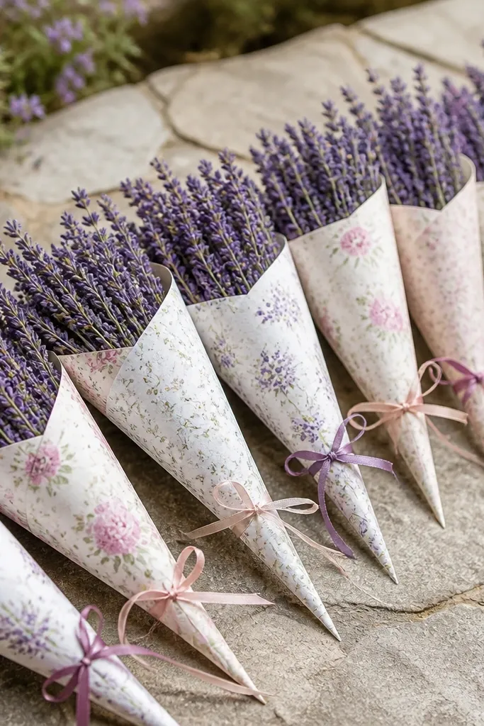 A row of folded paper cones in soft floral patterns, each filled with dried lavender and tied with thin ribbon; photographed outdoors on a stone path.