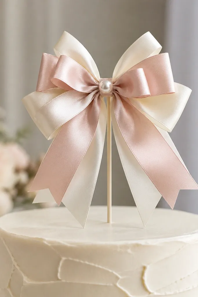 A cake topper with layered satin bows attached to a thin pick, the bows in ivory and blush with a small pearl center; shown on a cake with simple frosting.