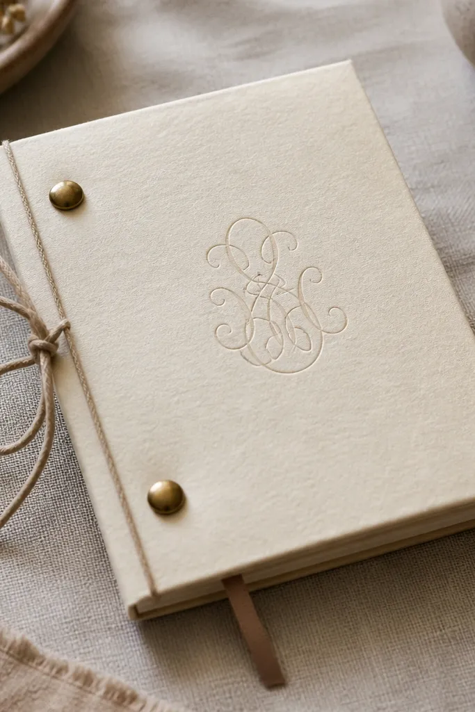 A small booklet made from folded cream paper with a cord tie, held shut with two metal brads; the cover has a monogram and a thin ribbon bookmark.