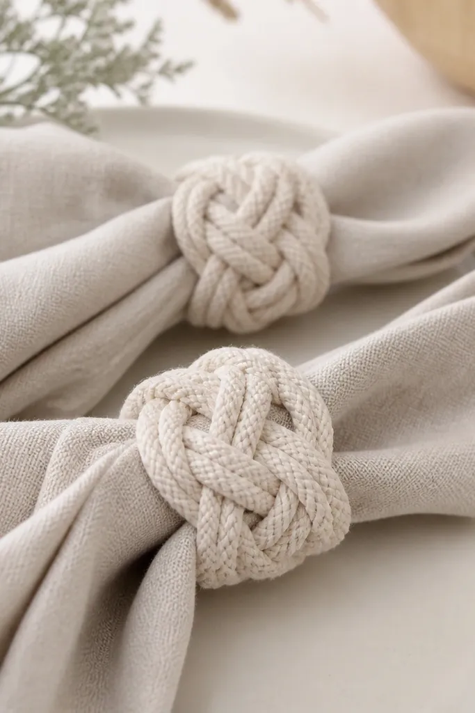 Cotton rope napkin holders shaped like small macrame rings, tied in a knot pattern, holding folded napkins in a neutral setting.
