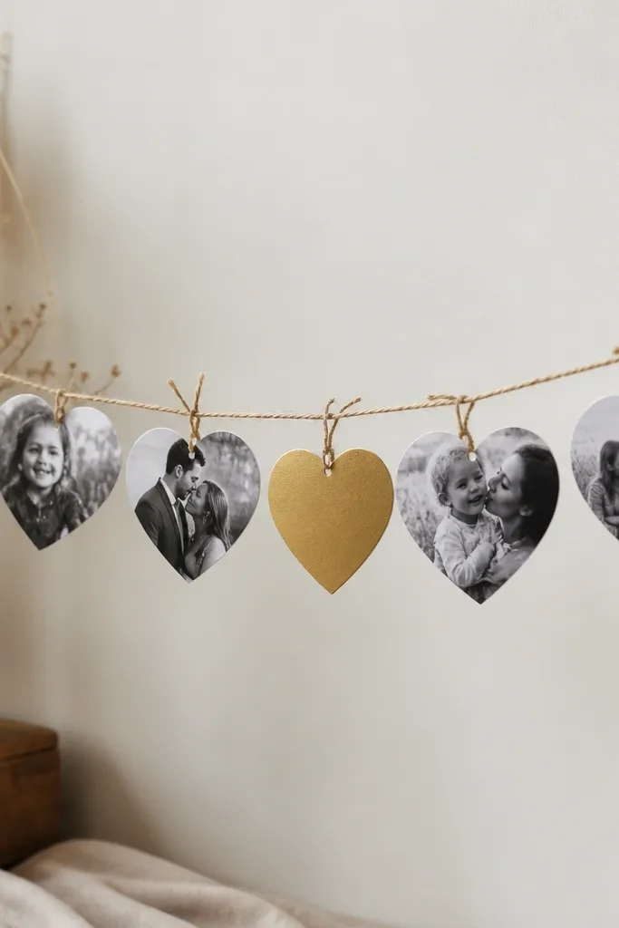 A hanging garland made of small heart-shaped photo cards attached to twine, with a mix of black-and-white prints and one gold heart backing.