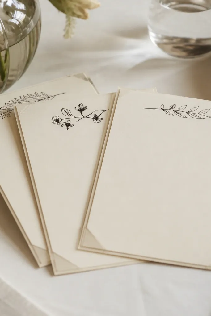 Menu cards with handwritten headings on cream cardstock, sealed with clear laminate corner protectors, placed on a dining table near a vase.