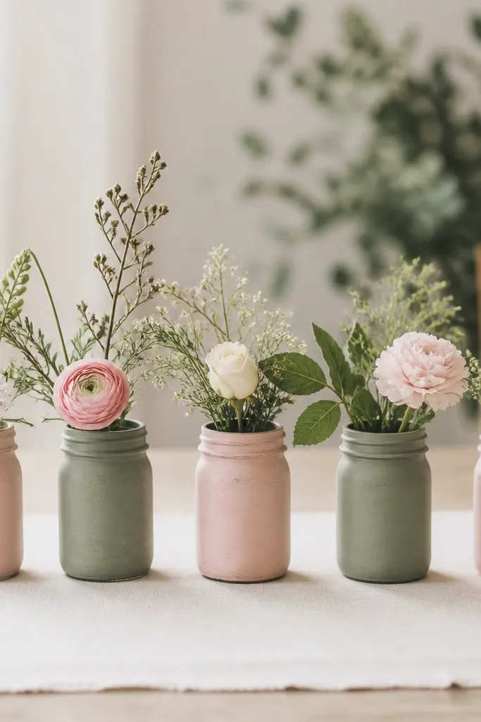 Small mason jars painted with matte chalk paint in soft blush and sage, each with a single stem bouquet; jars sit in a row on a linen runner.