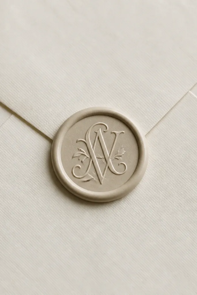 A close-up of a cream envelope front with a faux wax seal circle, stamped with a monogram, attached with a heatless wax seal sticker; the paper looks crisp and textured.