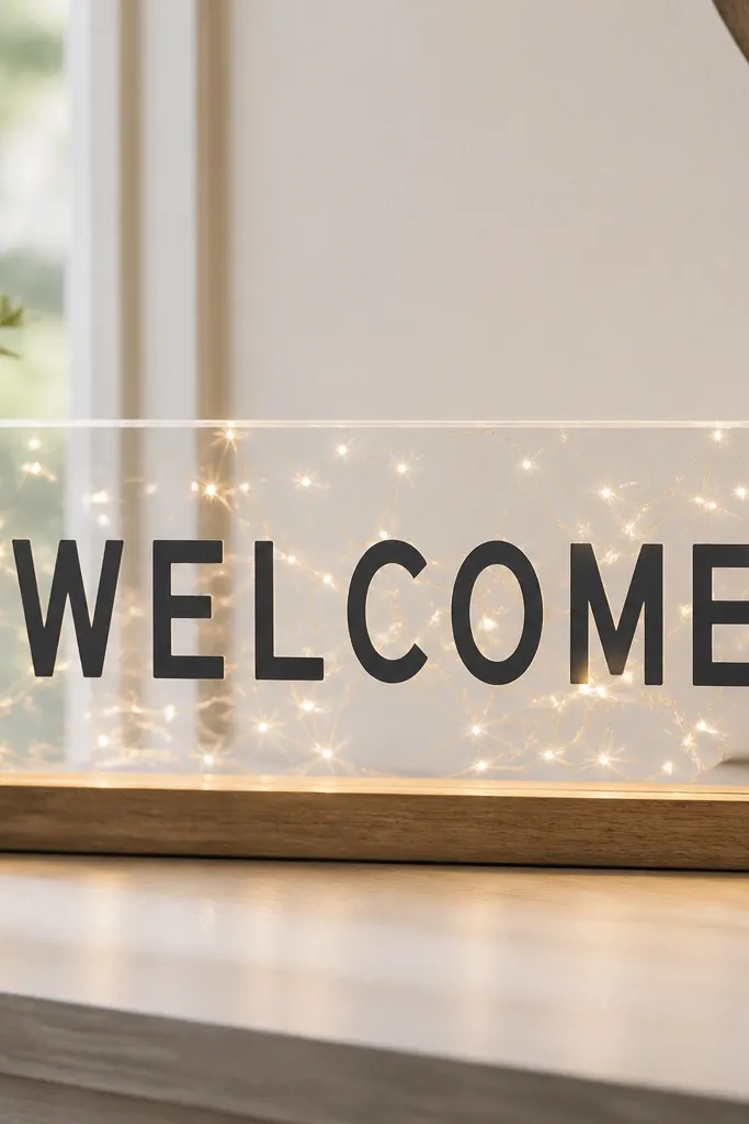A Cricut-cut matte vinyl word "WELCOME" applied to a clear acrylic panel, with warm white string lights behind it; the vinyl letters look flat and crisp.