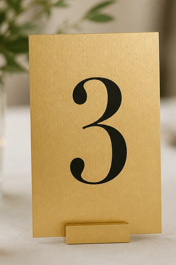 Table number signs with large numbers in matte black vinyl on textured brushed gold cardstock, each mounted on a small stand.