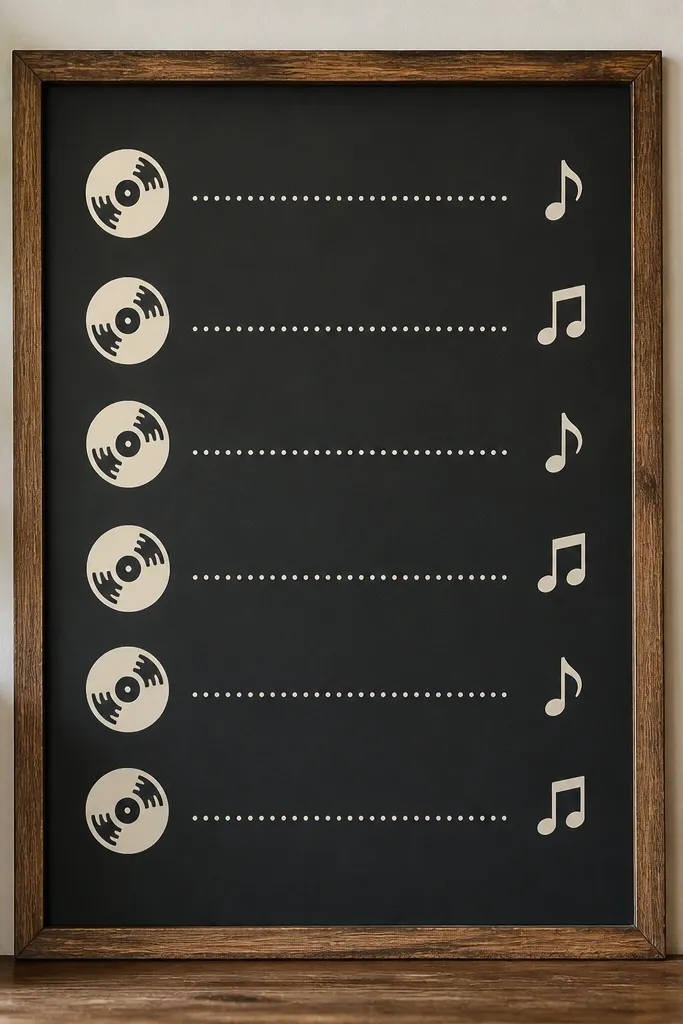 A chalkboard-style menu board with vinyl text and small vinyl icons, arranged in neat rows; the lettering is uniform and centered.
