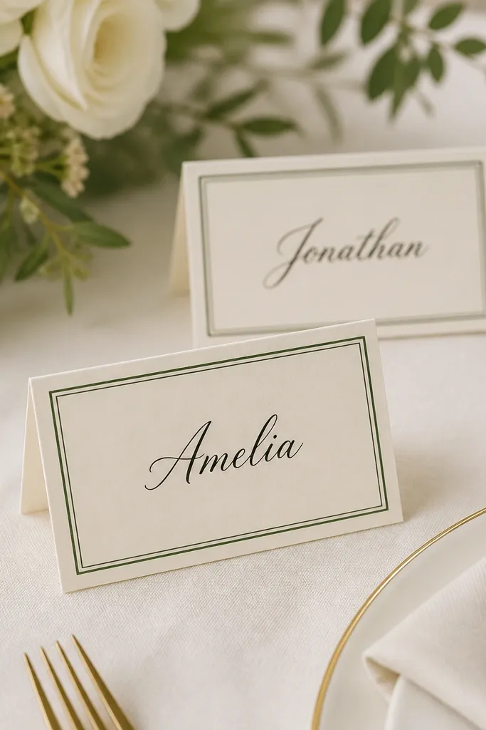 Place cards showing a thin double-line frame in deep green with names in black script, printed or vinyl applied on ivory cardstock.