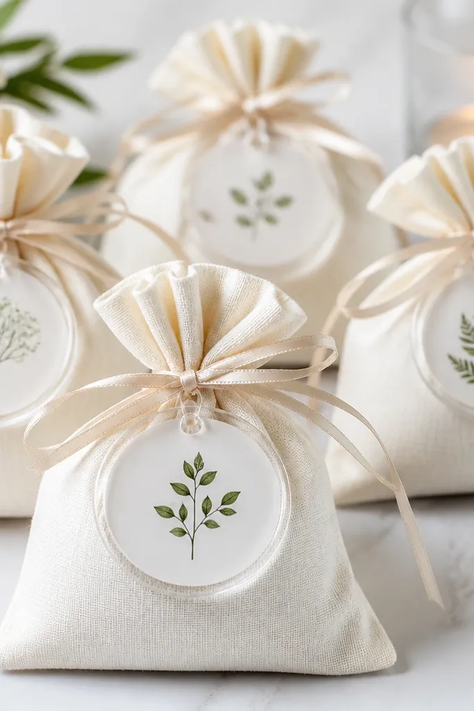 Small clear acrylic tags with printed or vinyl-cut labels, tied to favors with a thin ribbon; the labels look crisp and centered.
