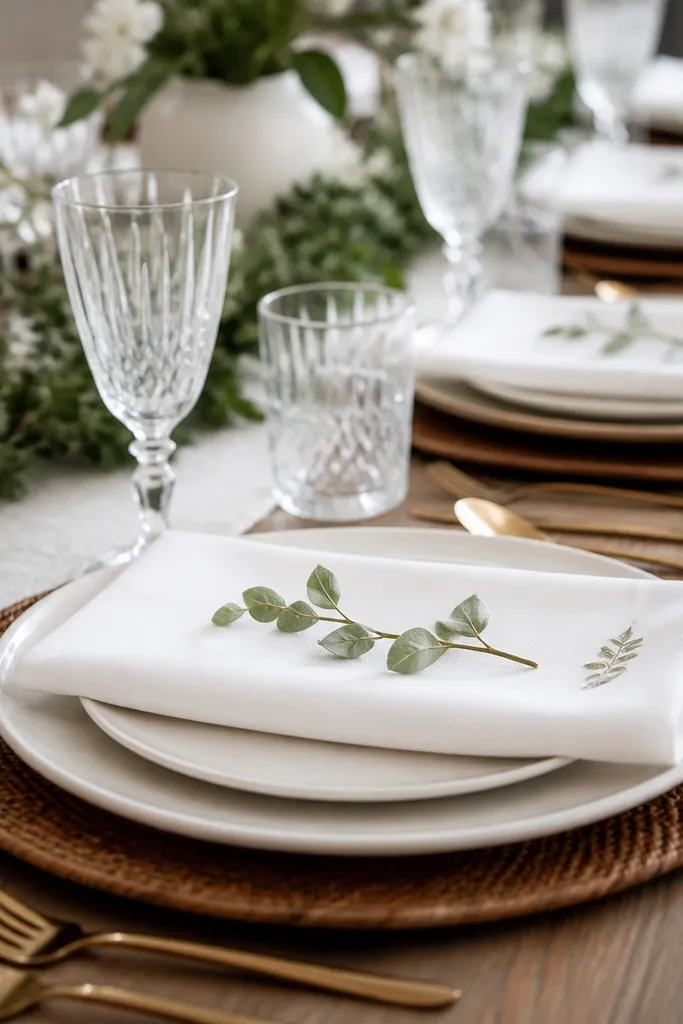 White cloth napkins folded with small heat-transfer vinyl name labels on the fold, aligned neatly across the table setting.