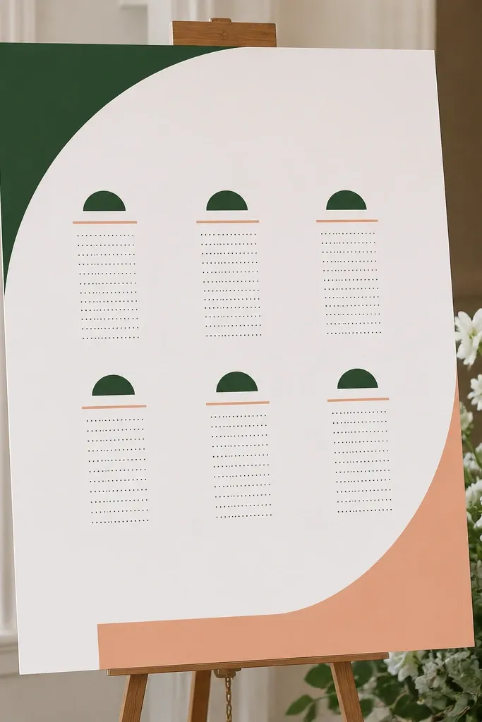 A seating chart on foam board with large sections labeled by vinyl text and geometric vinyl shapes in two colors.
