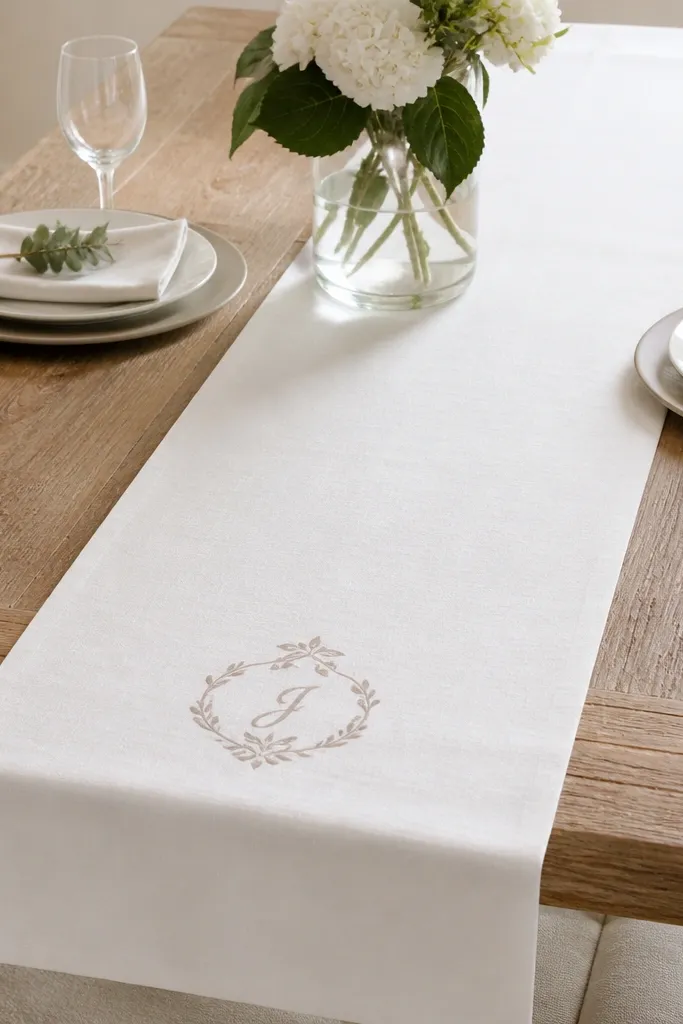 A long white table runner with a small monogram stencil design near one end, made with vinyl stencil and paint.