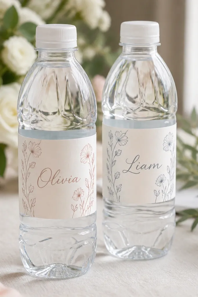 Water bottle labels with small floral line art and names, printed on sticker paper and wrapped cleanly around bottles.