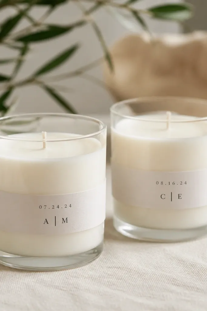 Small white candles with thin vinyl bands around the jar, showing minimalist date text and initials.