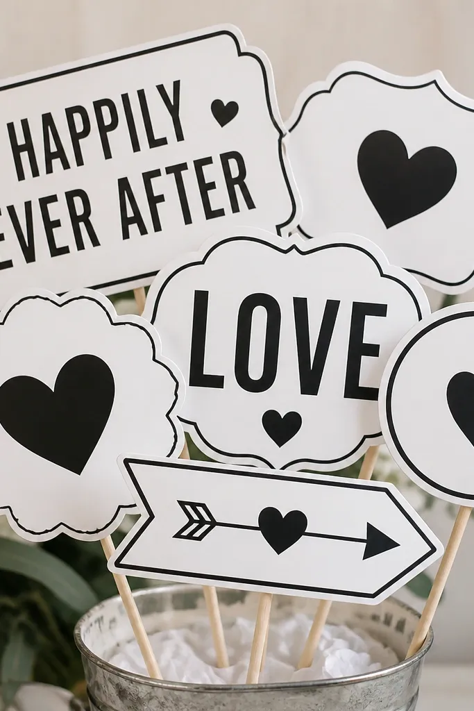A set of photo booth signs on sticks with bold vinyl words like "HAPPILY EVER AFTER" and small hearts, all matching color scheme.